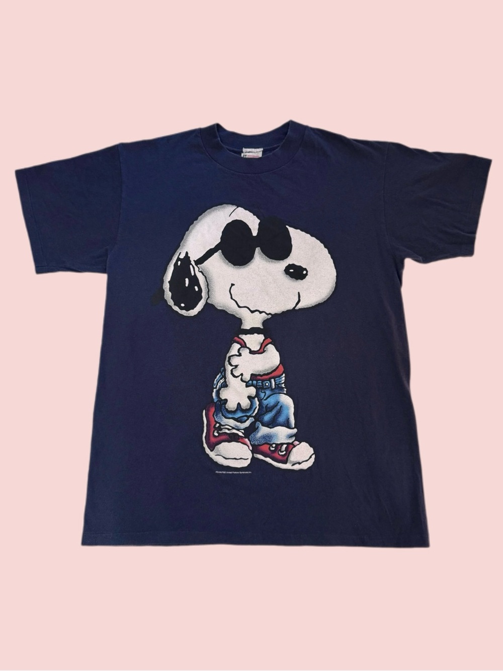 Vintage 90s Joe Cool Snoopy Giant Graphic Tee Syndicate Peanuts Navy Large Rare